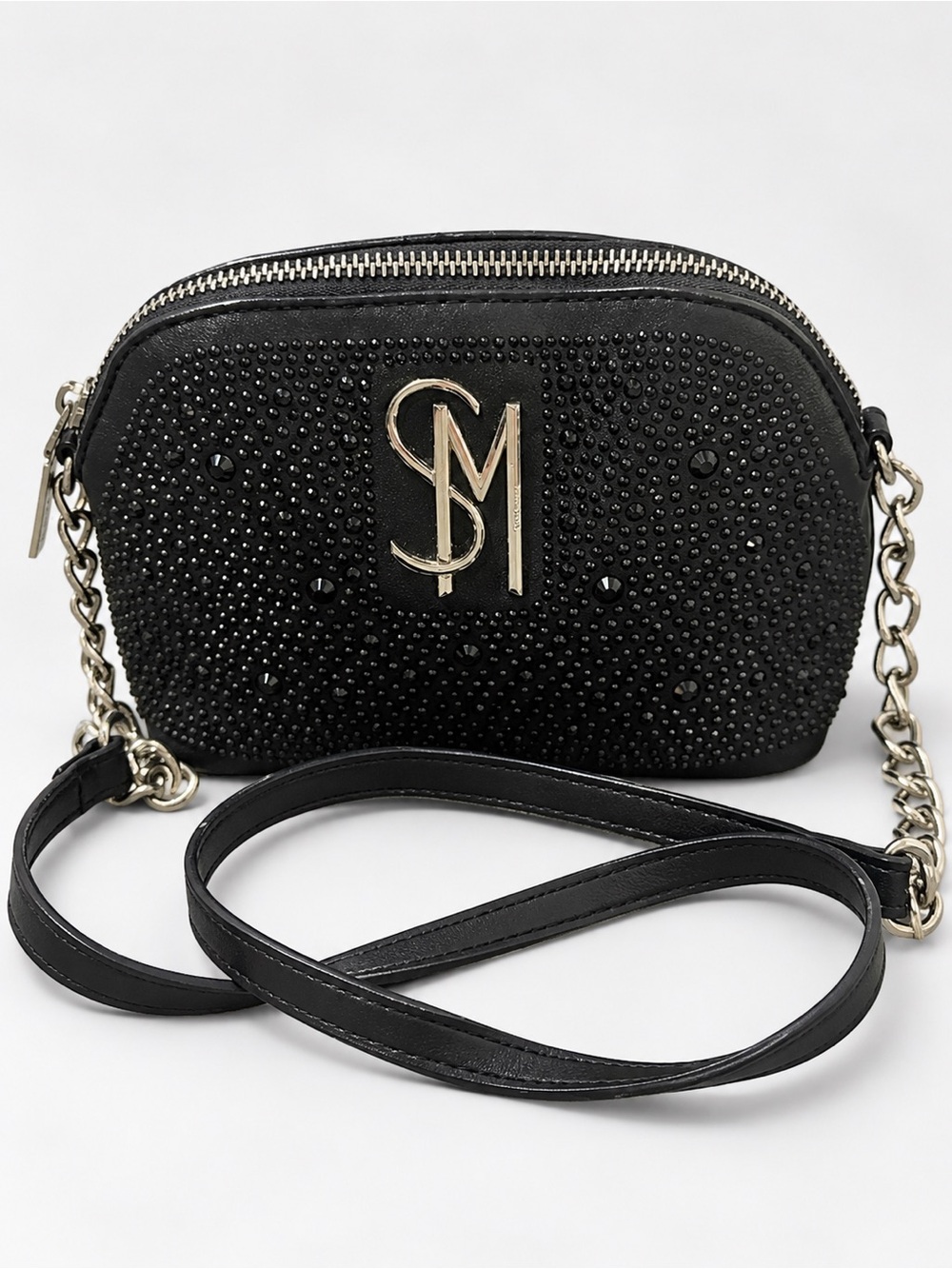 Studded Black Crossbody with Silver Monogram Detail